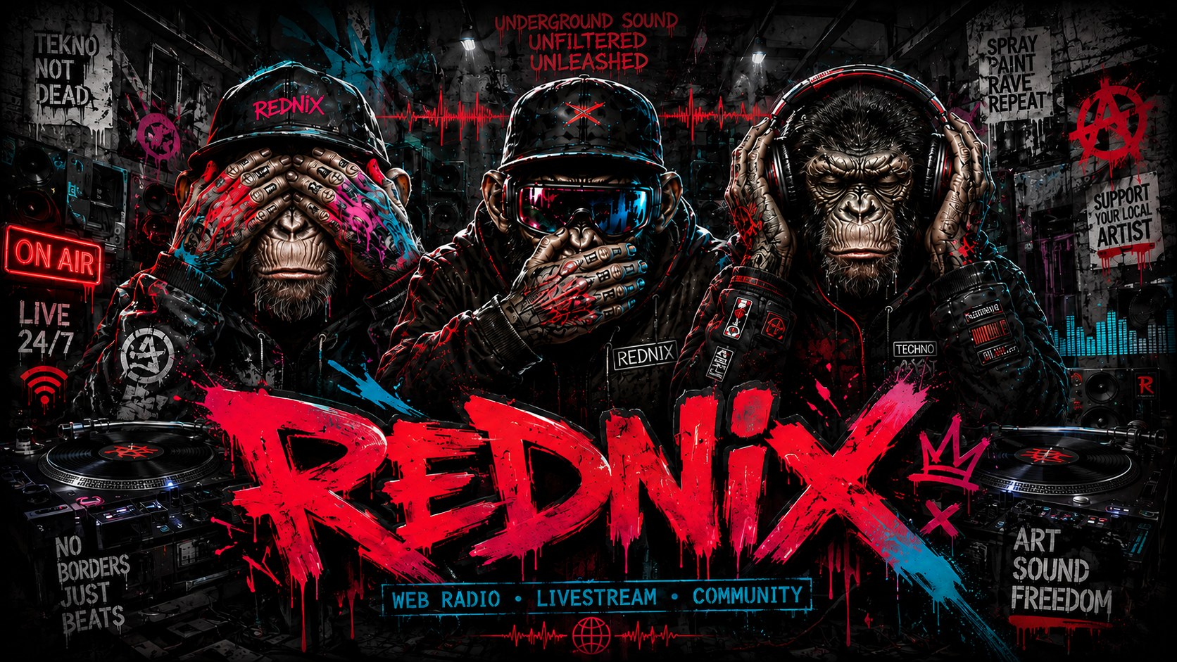 REDNIX Underground Sound Artwork mit drei Affen, Turntables und Streetart-Wand